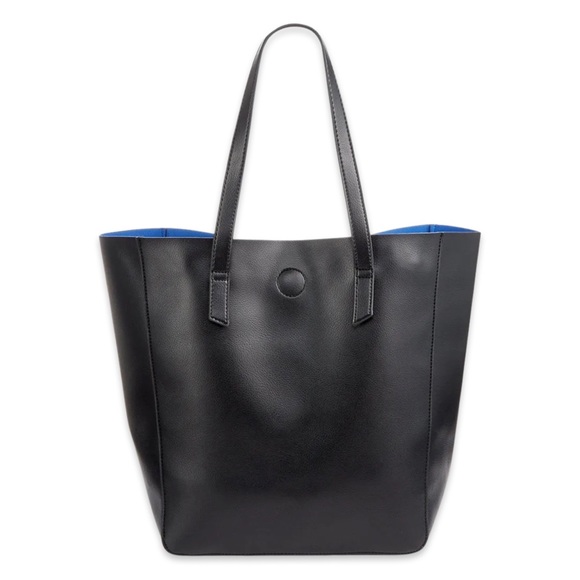 RARE Macy's Oversized Black Faux Leather Tote Bag Lined with Blue Fabric - Picture 1 of 5